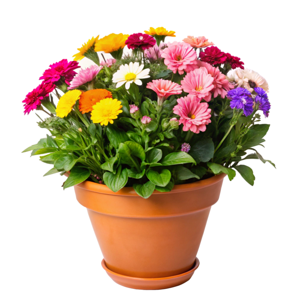 Vibrant Spring Flower Arrangement in a Terracotta Pot png