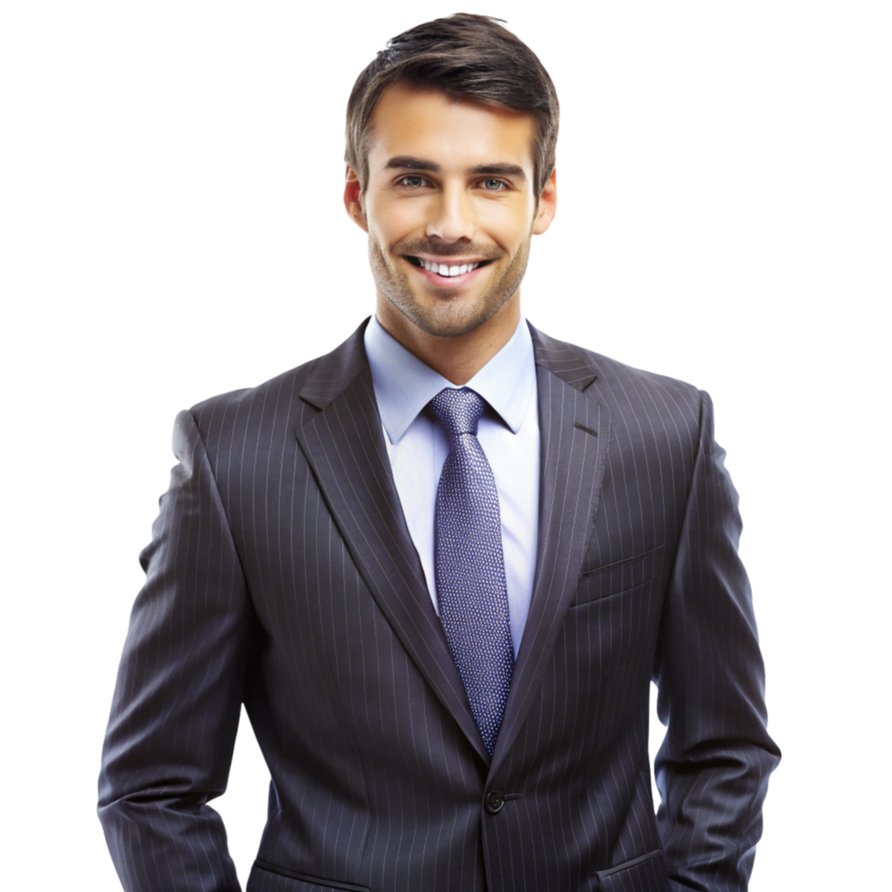Portrait of a Handsome Smiling Man in a Pinstripe Suit and Purple Tie png