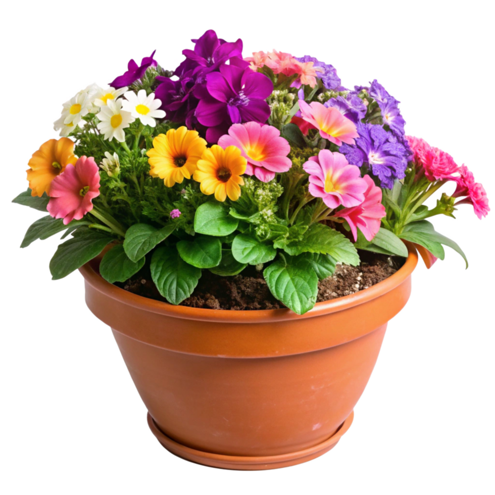 Vibrant Spring Flowers in a Terracotta Pot A Colorful Garden in Bloom png