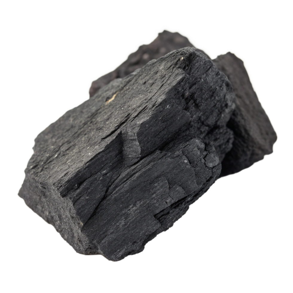 Closeup view of a piece of black charcoal isolated on black background png