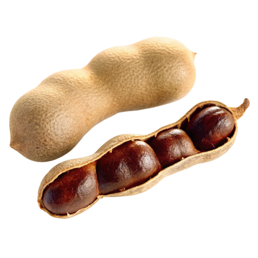 Closeup view of a tamarind fruit pod showing both the intact pod and one opened revealing the dark brown seeds inside png