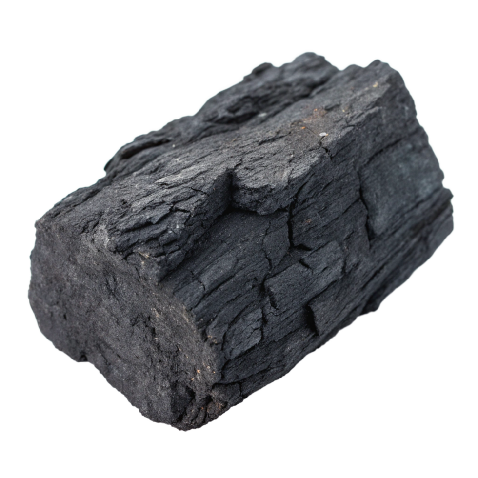 Highresolution closeup image of a single piece of black charcoal showing detailed texture and grain png