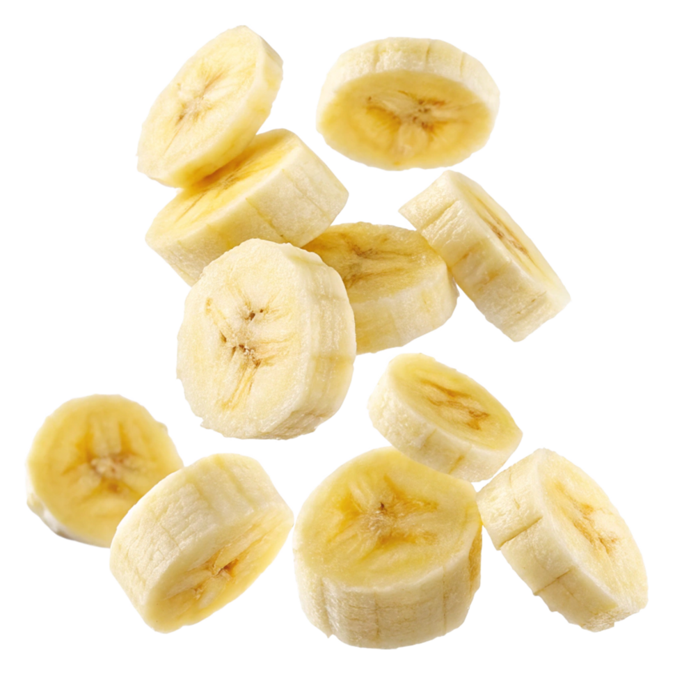 Delicious Slices of Ripe Bananas Falling in the Air, Isolated on Black Background, Fresh Fruit png