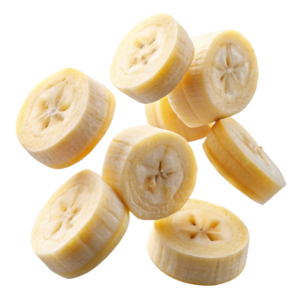 Multiple Slices of Ripe Banana Falling on Black Background png