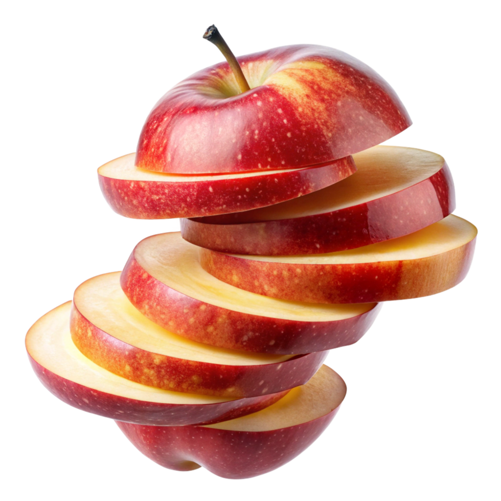 A perfectly ripe red apple sliced into thin circular pieces floating in midair against a black background png
