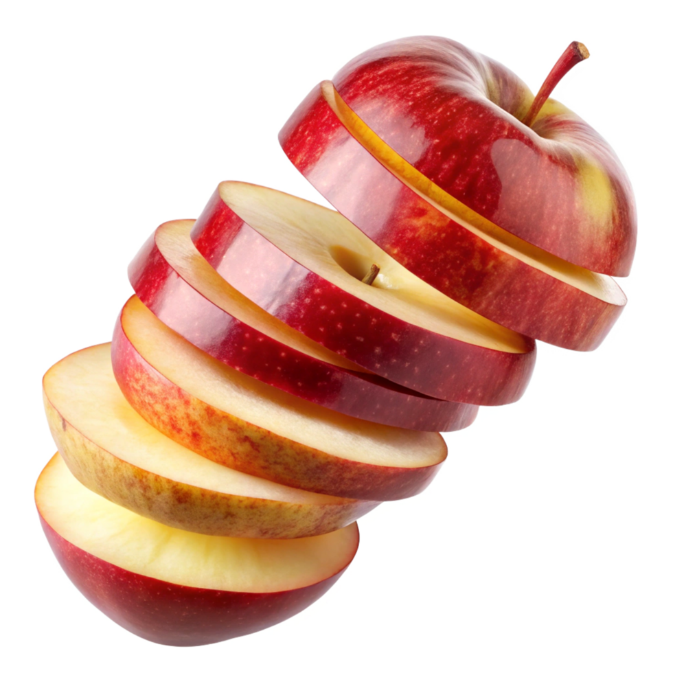 A Perfectly Sliced Red Apple in Mid Air Several Slices Showing the Inside of the Apple png