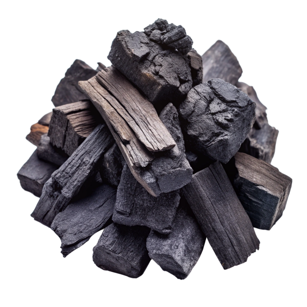 A CloseUp View of a Pile of Dark Gray Charcoal Briquettes and Wood Chunks png