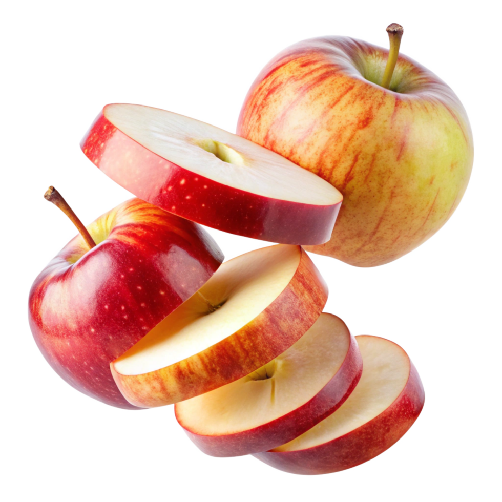 Juicy Red Apples Sliced and Falling in Air, Fresh Fruit Delicious Snack png