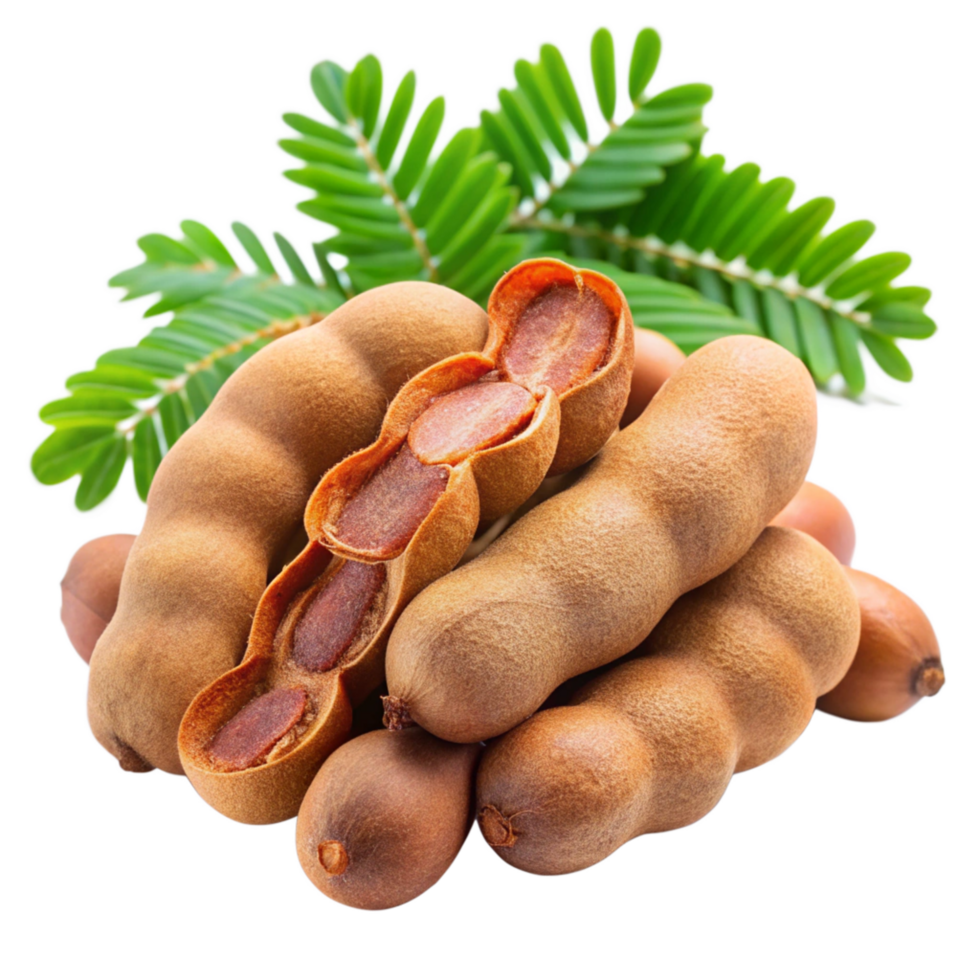 Closeup of Fresh Tamarind Fruits with Green Leaves on Black Background png