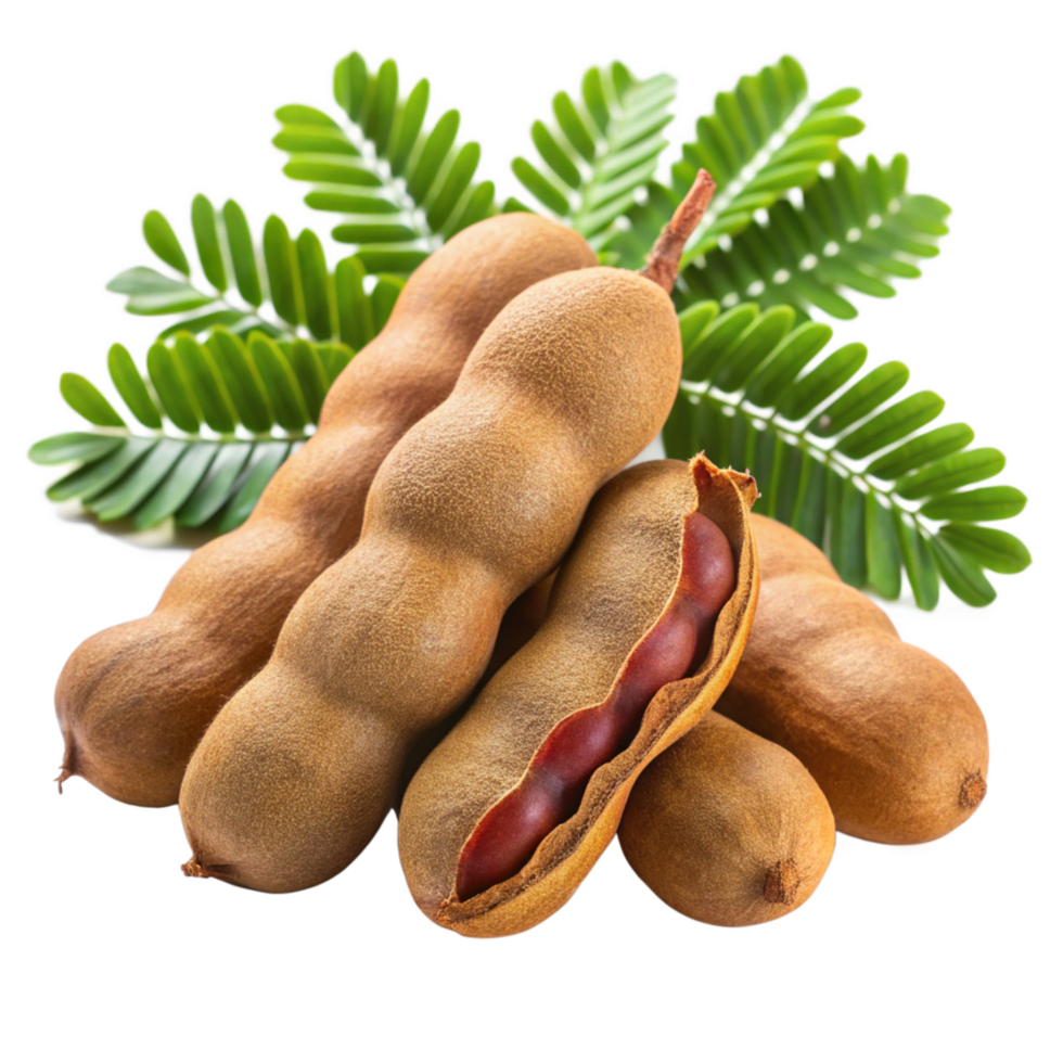 Closeup of ripe tamarinds with green leaves background showing texture and color png