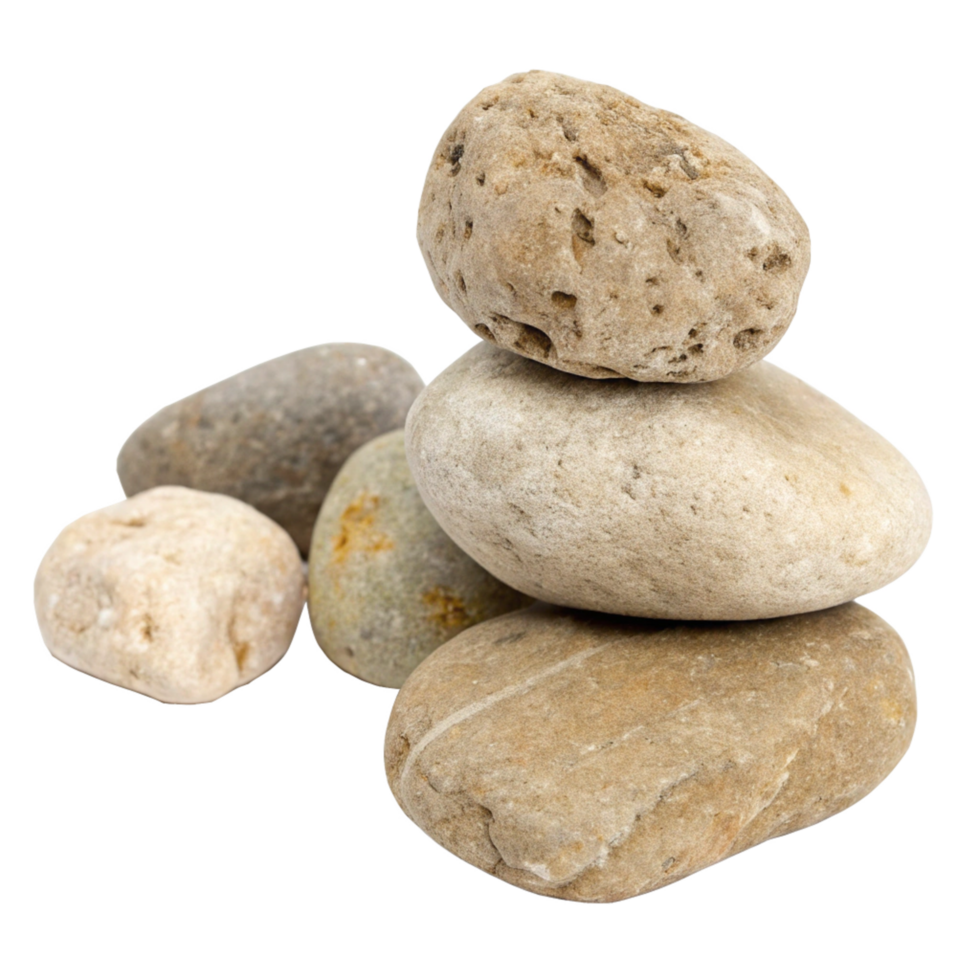 A Stack of Smooth Tan and Beige River Rocks on a Black Background png