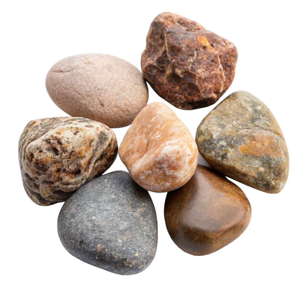 Collection of six multicolored stones of various shapes and sizes png