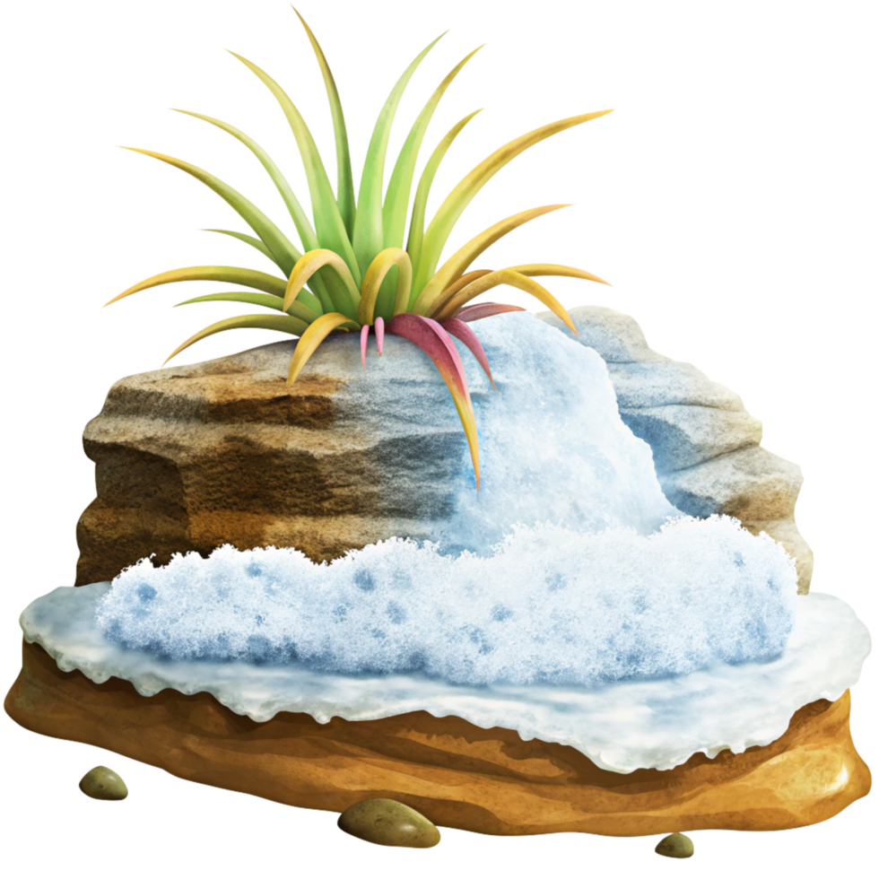 Whimsical Illustration of a Miniature Waterfall Cascading Over Rocks with Air Plant png