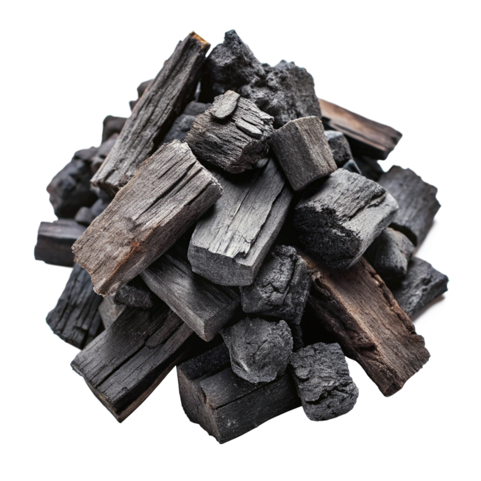 A closeup view of a pile of charcoal briquettes and chunks of wood charcoal, ideal for grilling or barbecuing png