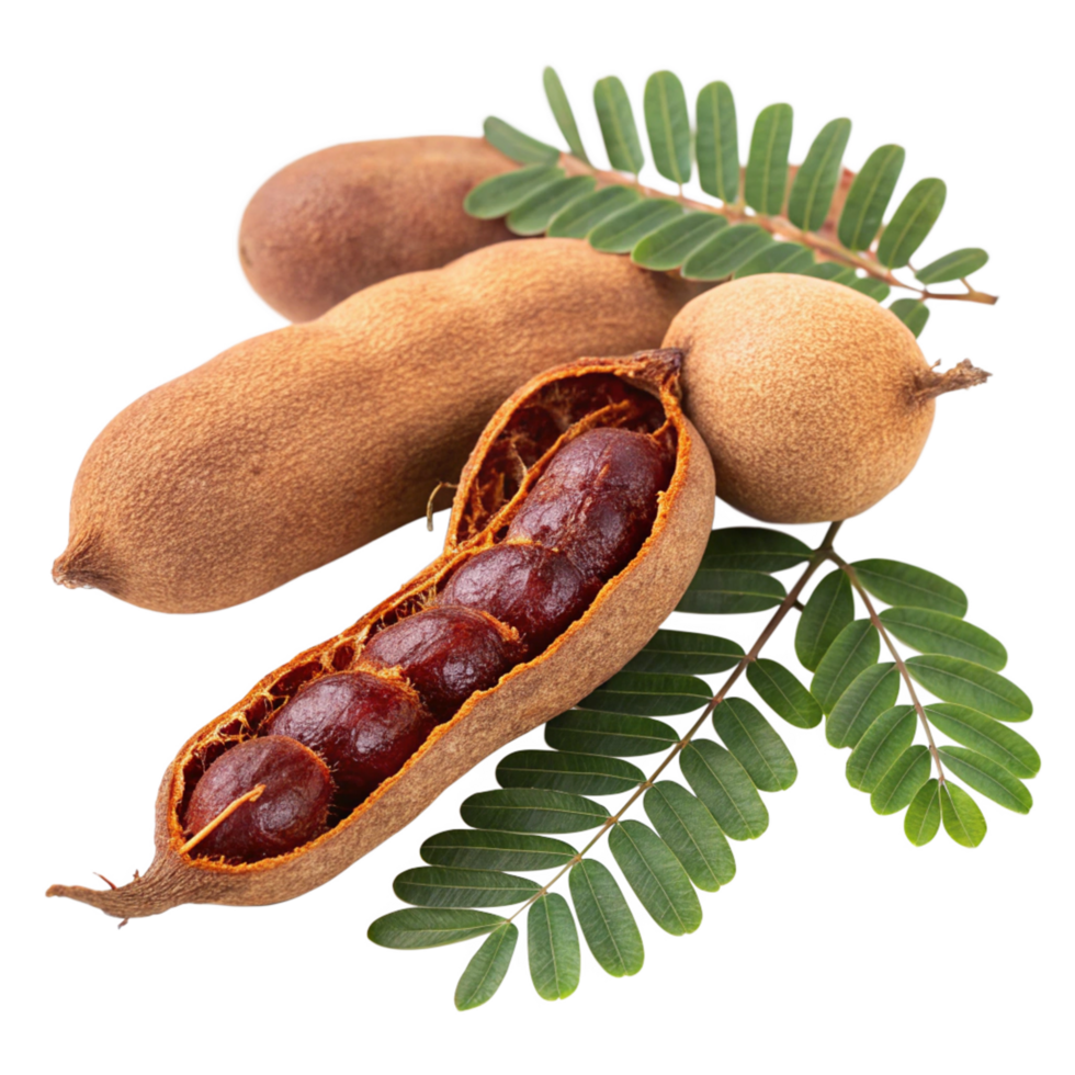 Ripe Tamarind Fruits with Green Leaves Closeup Photography png
