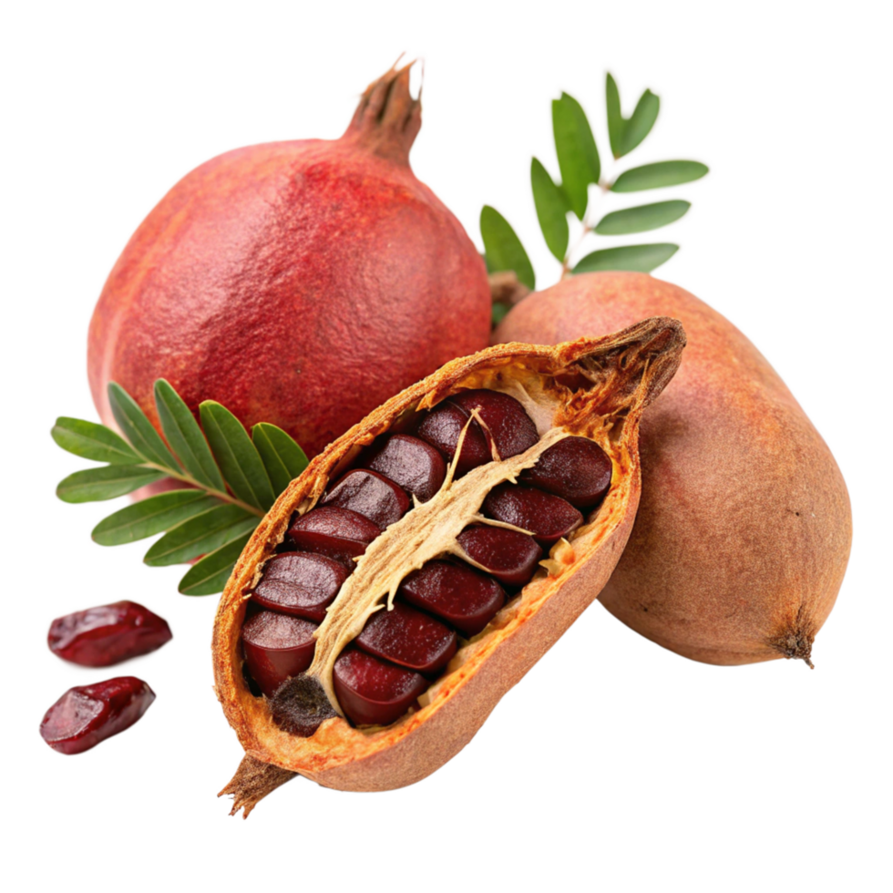 Closeup of Pomegranate Fruit with Seeds and Leaves png