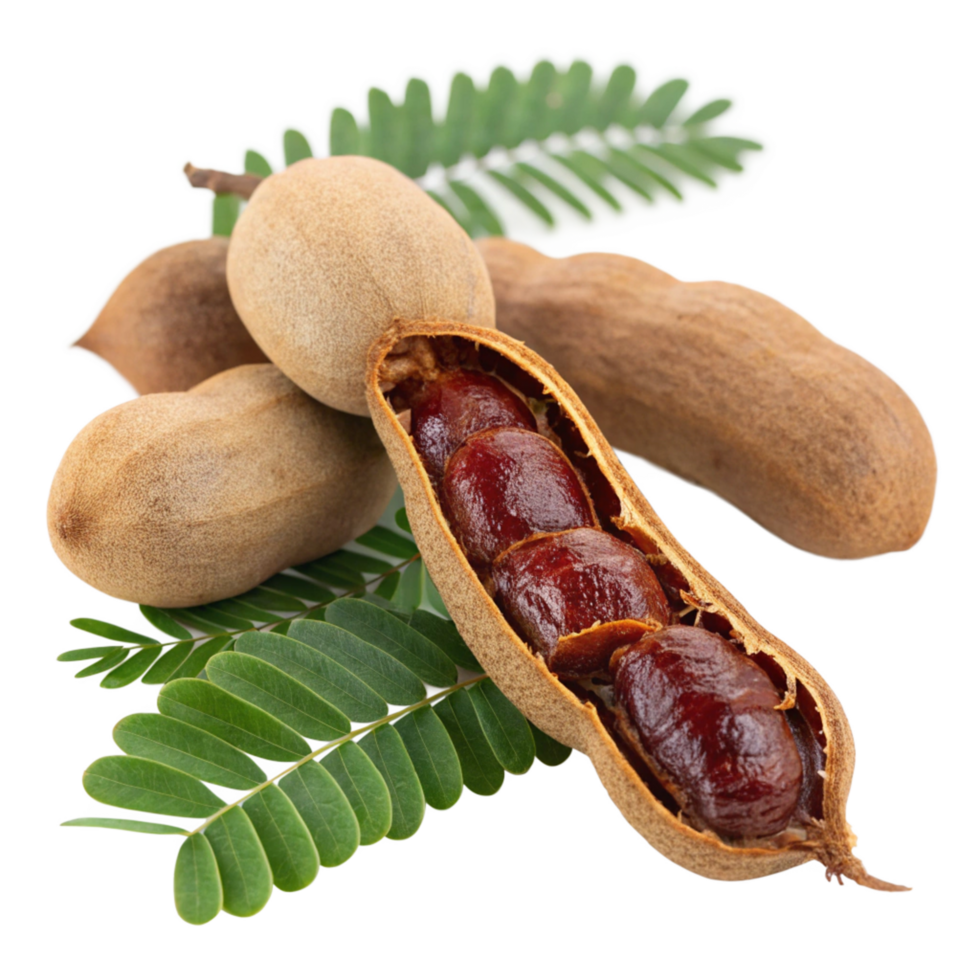 Closeup of ripe tamarind fruit pods with leaves, showcasing the brown exterior and dark reddishbrown pulp inside png