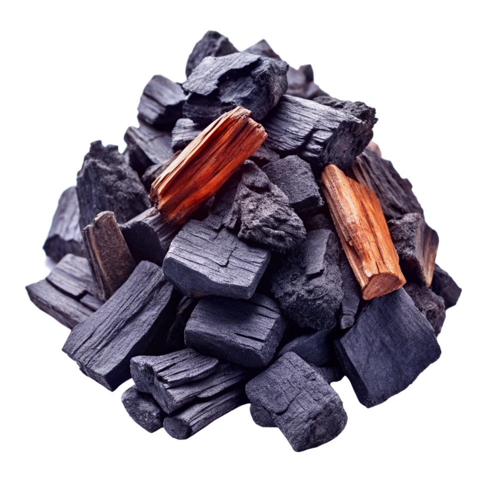 A CloseUp View of a Pile of Charcoal Briquettes and Wood Pieces Against a Black Background png