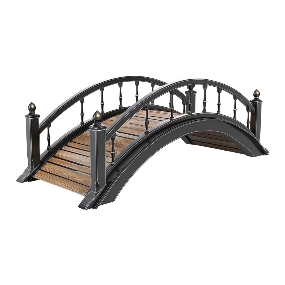 Elegant Black and Wood Arch Bridge 3D Render Model for Garden or Park Design png