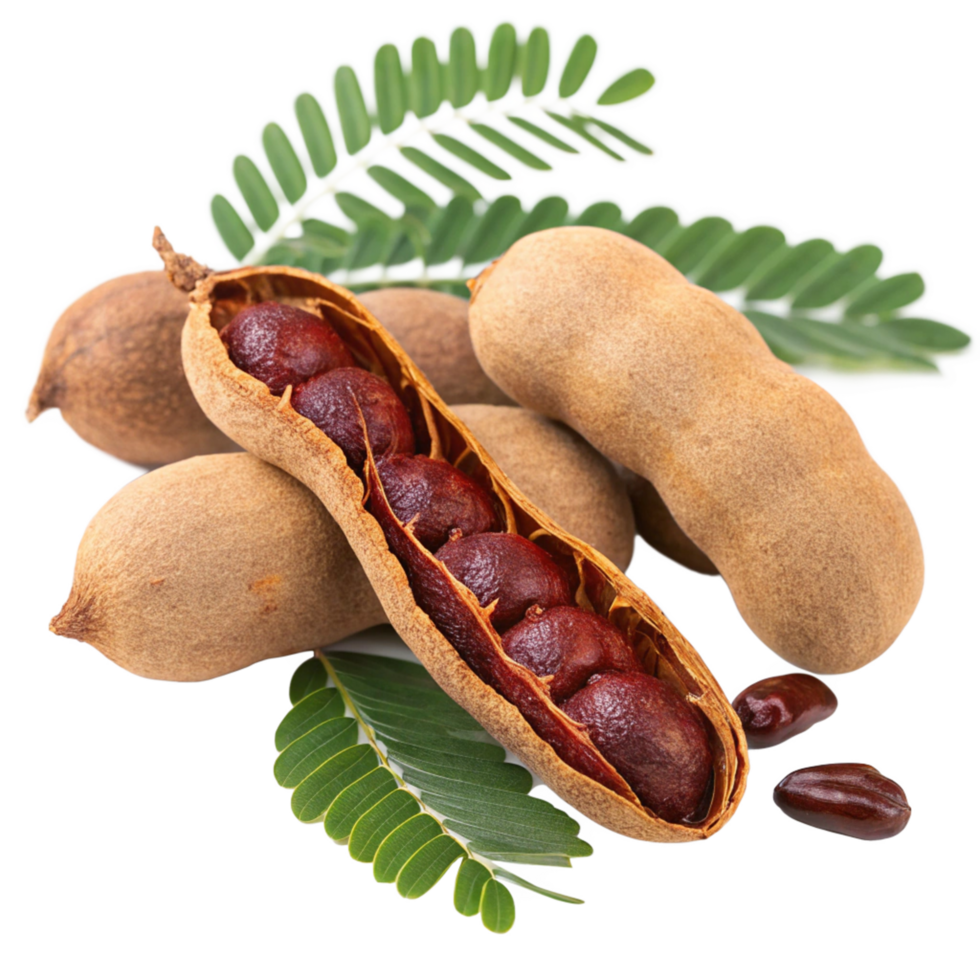 Closeup of ripe tamarind fruits with leaves showing the brown pods and dark red pulp png