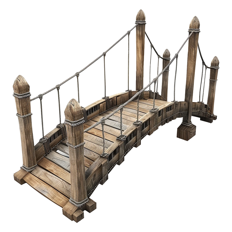 A charming rustic wooden suspension bridge with rope railings and sturdy posts png