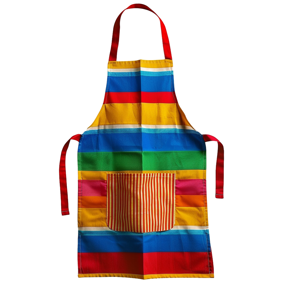 Vibrant Rainbow Striped Kitchen Apron with Red Ties and Pocket png