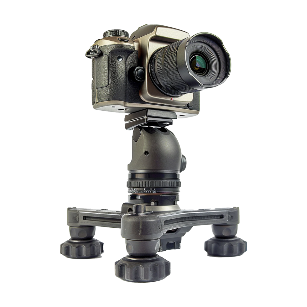 Highend professional DSLR camera mounted on a sturdy tripod with a precision ball head for enhanced stability and accurate positioning during photography or videography sessions png