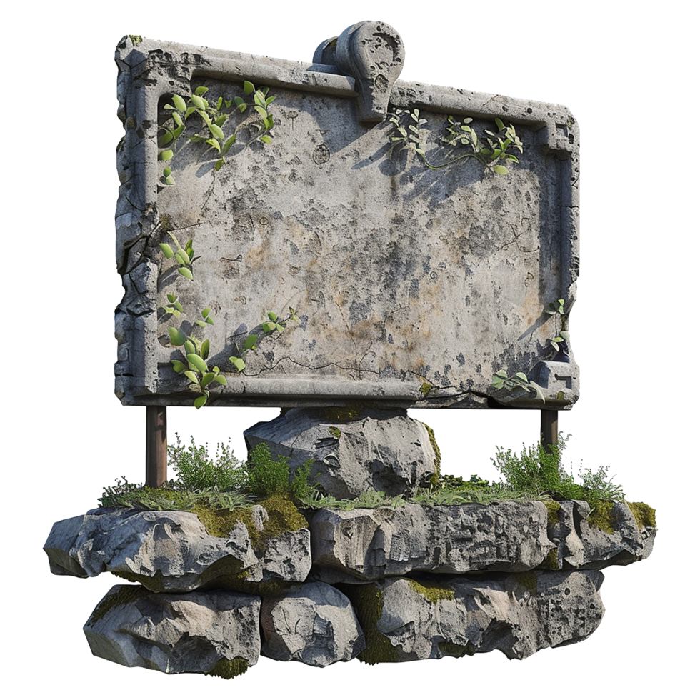 Ancient Stone Sign with Plants and Mossy Rocks A 3D Render of a Weathered Stone Structure png