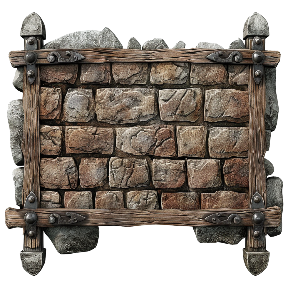 Medieval Stone Wall Frame Rustic Wooden Border Texture Background Design Element png