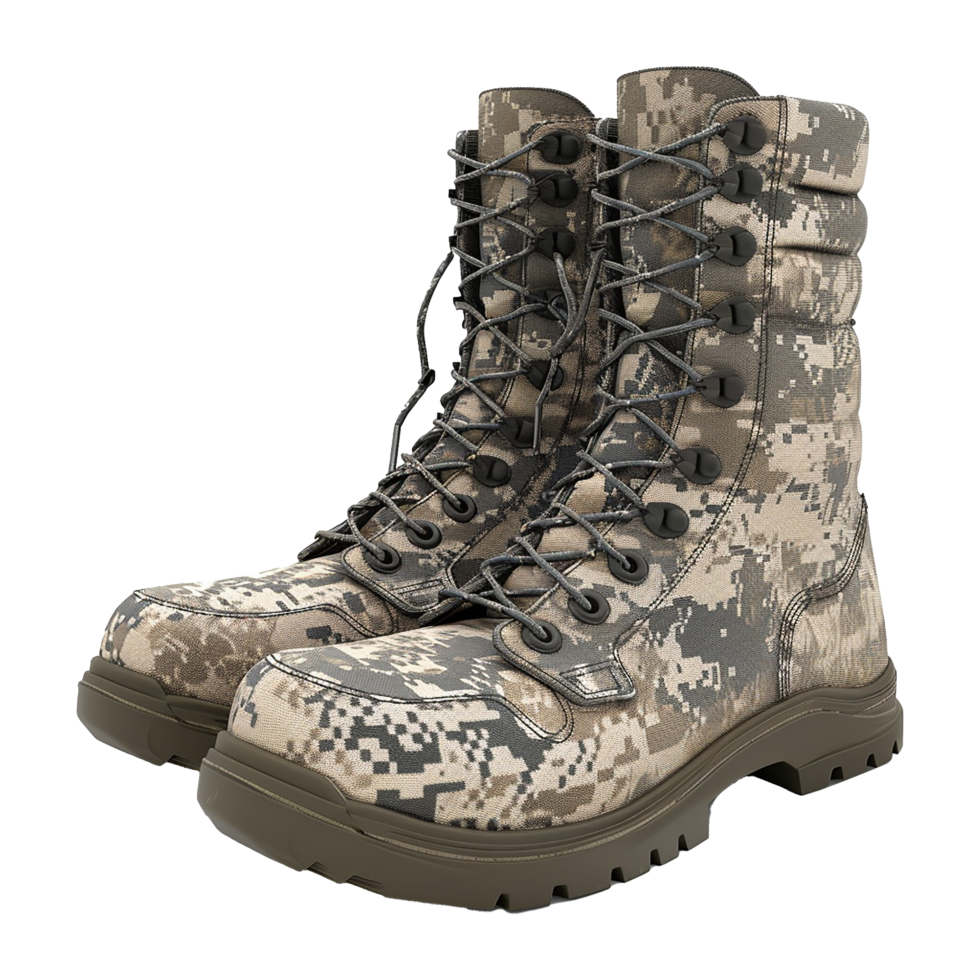 Pair of Camouflage Hunting Boots with Laces and Thick Soles png