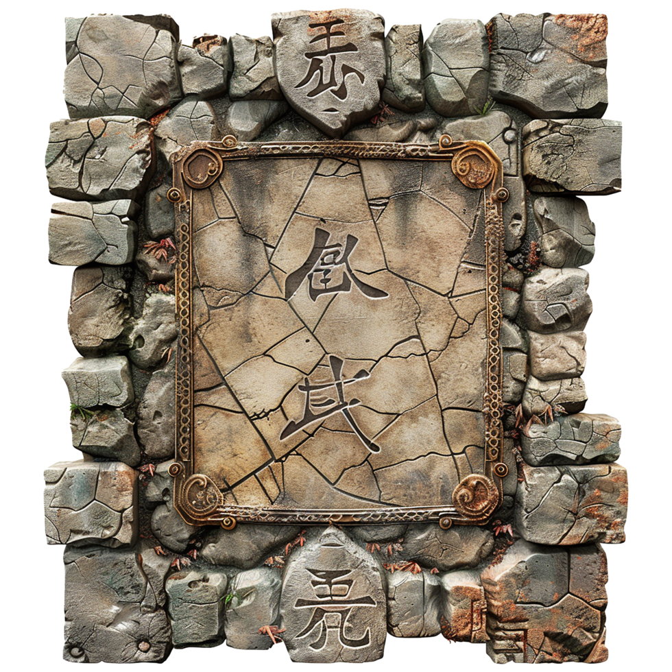 Ancient Stone Tablet with Engraved Chinese Characters Framed in Bronze within a Rough Rock Wall png