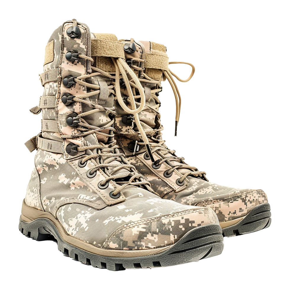 Pair of Camouflage Tactical Boots with Laces and Straps png