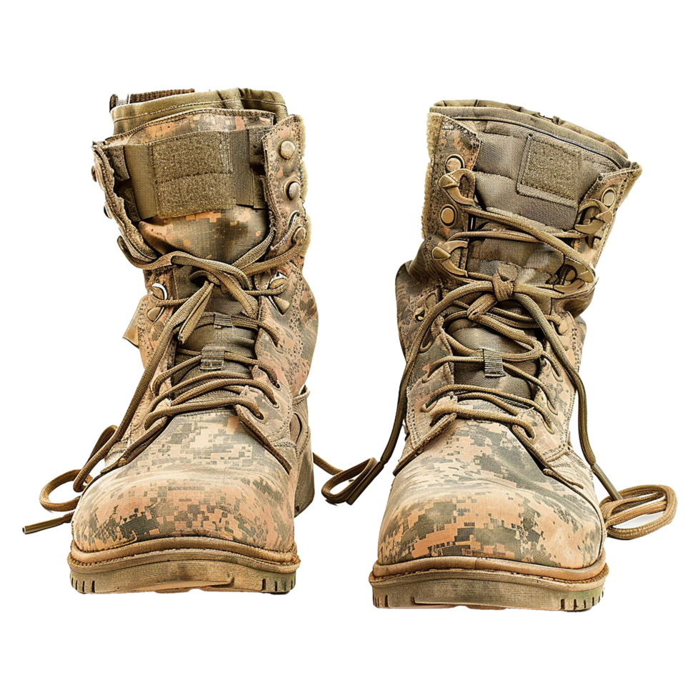 Pair of wellworn camouflage military boots with tan laces png