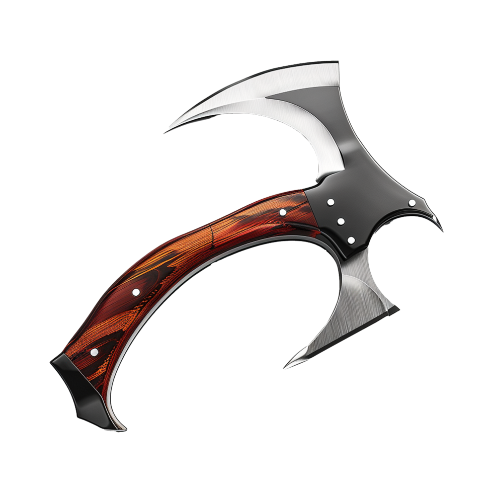Sleek Modern Throwing Axe with Red Wood Handle and Sharp Curved Blades png