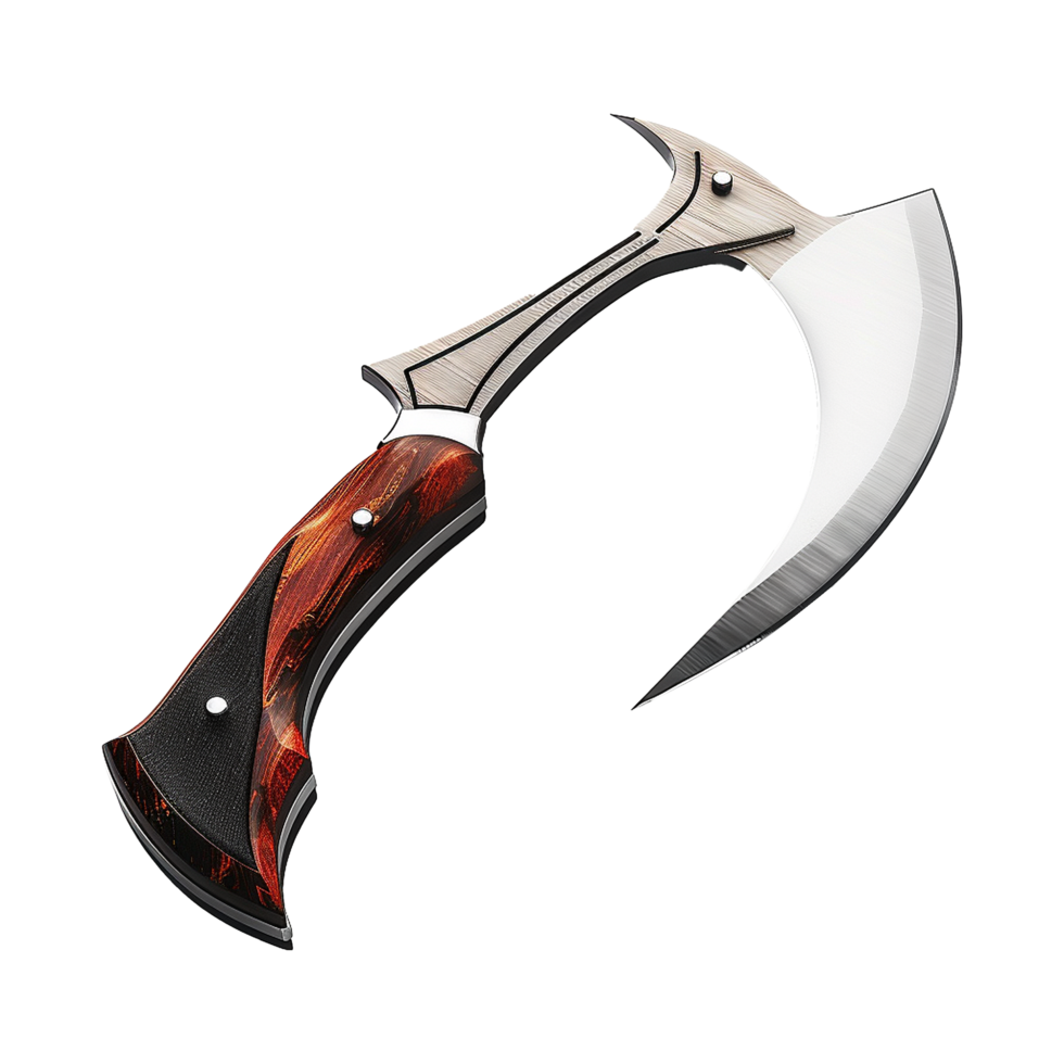 Unique Curved Axe with Red and Black Wood Handle and Silver Blade png