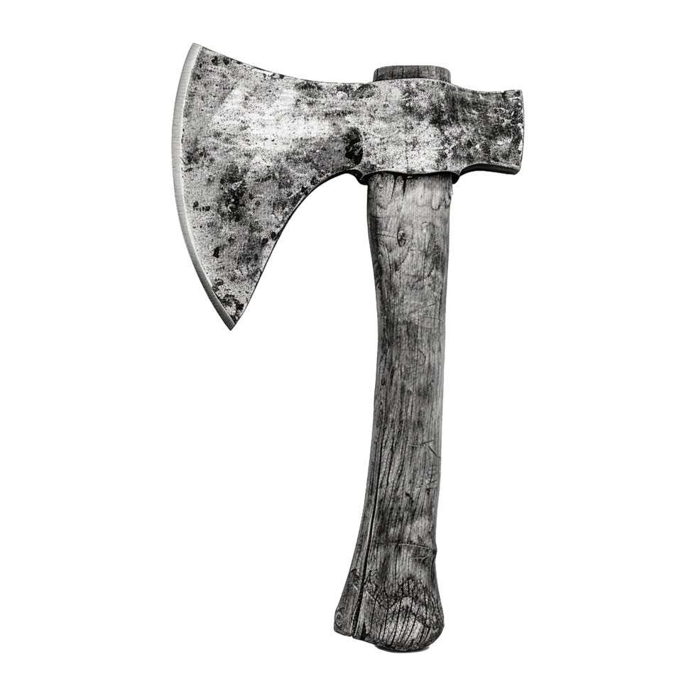 A weathered vintage axe with a worn wooden handle and a rusty metal head png