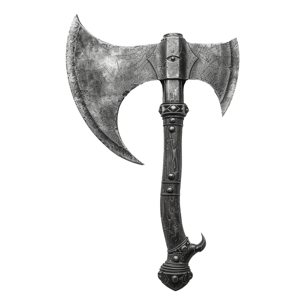 A Detailed View of a Weathered Medieval DoubleBladed Battle Axe with Ornate Handle png