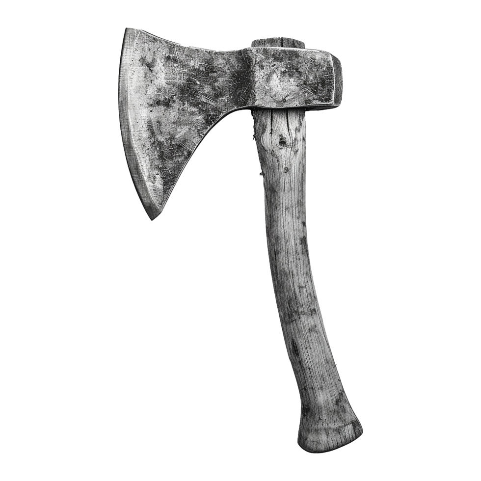 A weathered antique axe with a worn wooden handle and a steel head showing significant use png