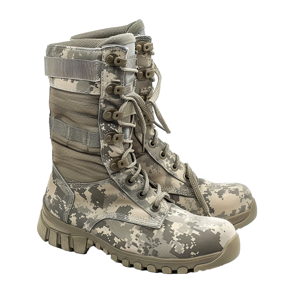 Pair of Camouflage Military Boots with Laces and Tactical Straps png