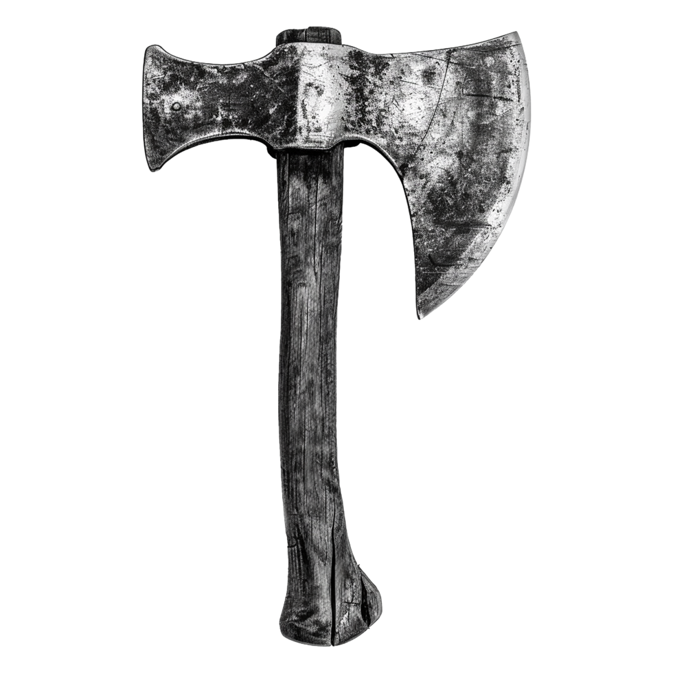 Ancient Weathered Double Bit Axe with Wooden Handle Isolated on White Background png