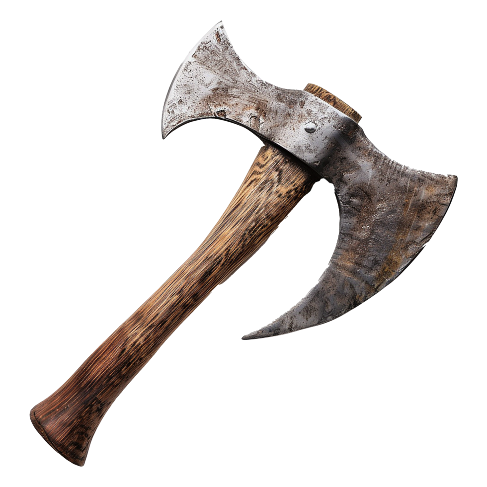 A weathered double bit axe with a dark wooden handle, a rustic tool with a worn metal head png