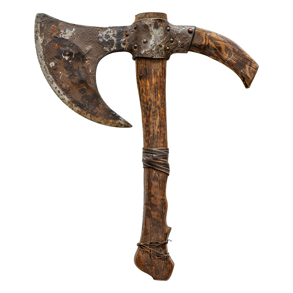 Ancient Rusty Axe with Wooden Handle and Leather Wrap, Medieval Weapon, Historical Relic, Vintage Tool png