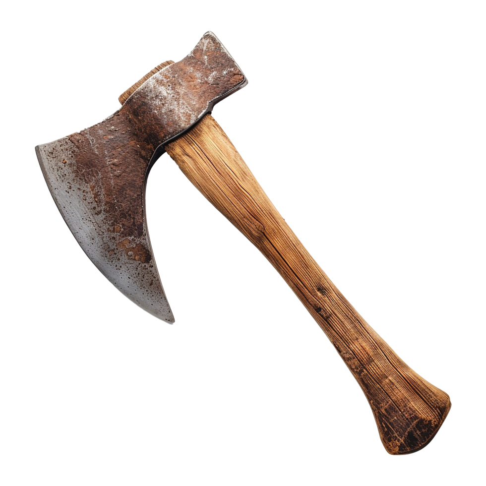 A Rustic Old Weathered Axe with a Wooden Handle Isolated on White Background png