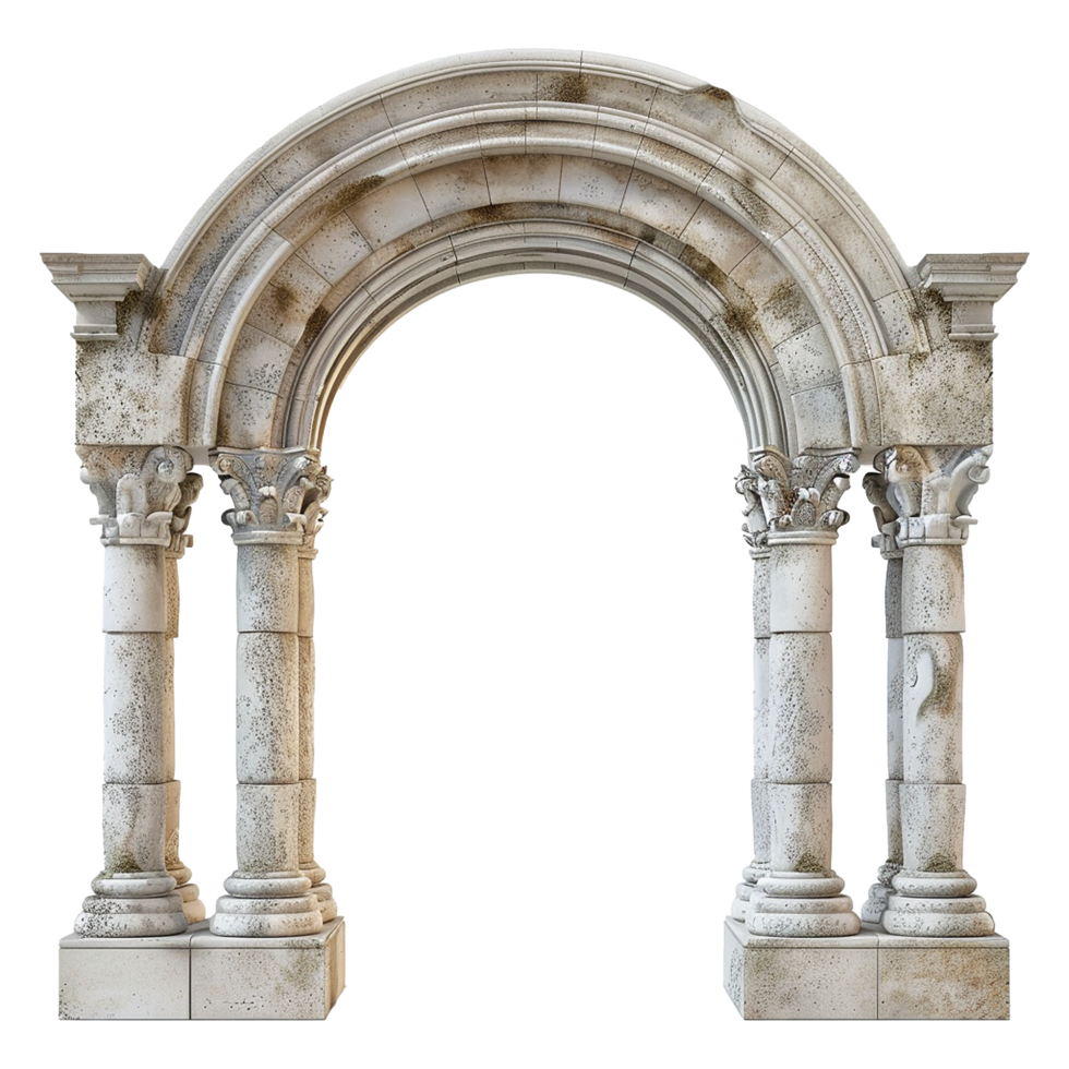 A majestic stone archway with weathered columns and intricate detailing, reminiscent of ancient Roman or Greek architecture png