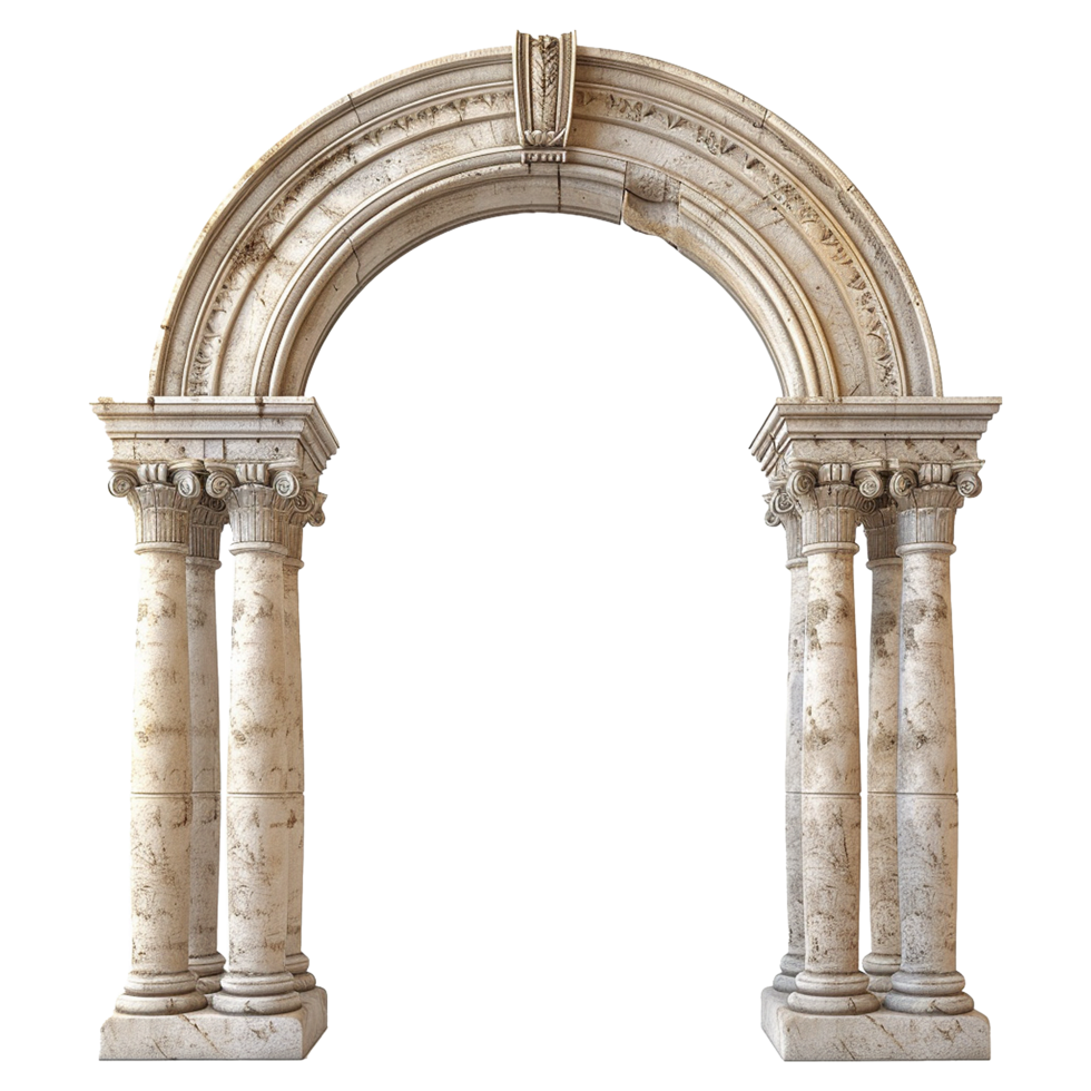 A majestic classical stone archway with intricately carved details and weathered pillars png