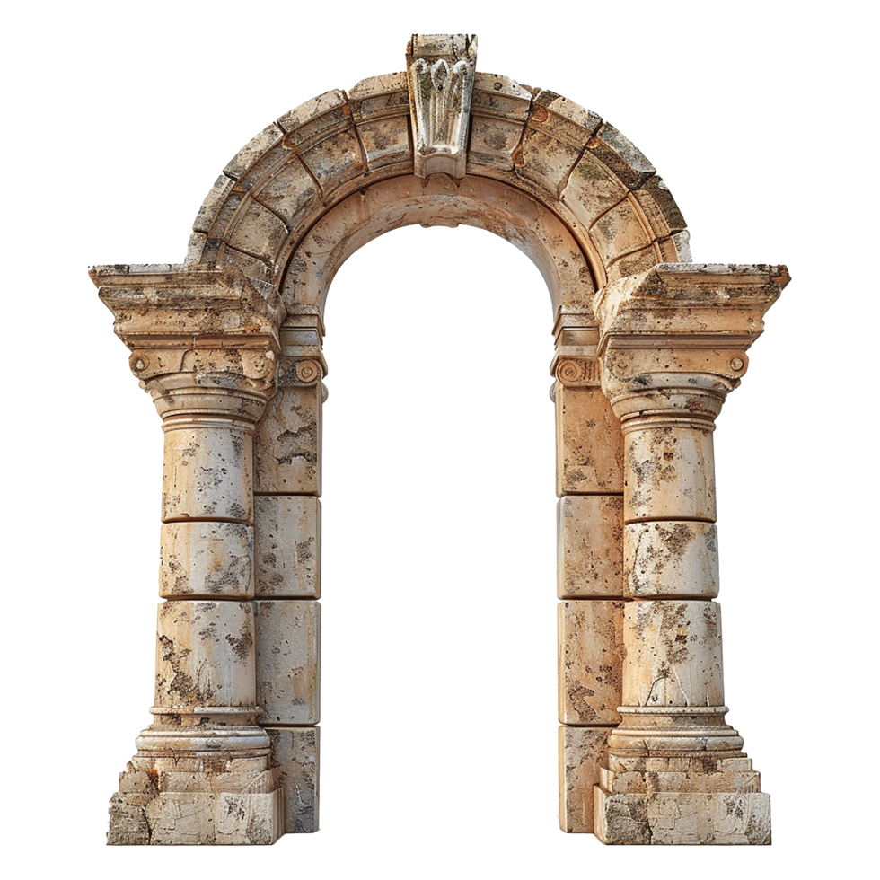 Ancient Roman Architectural Stone Archway Entrance with Pillars and Keystones png