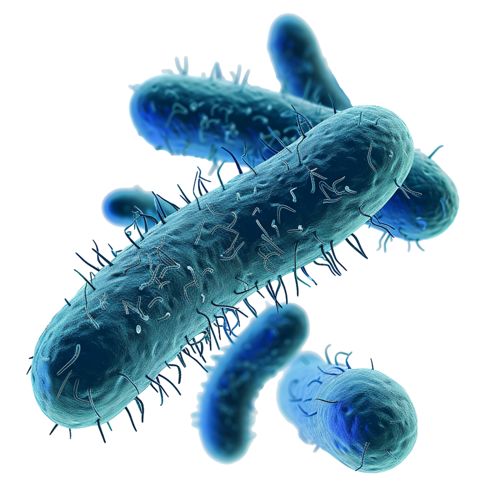 Microscopic View of CyanColored Bacteria Rod Shapes with Flagella png