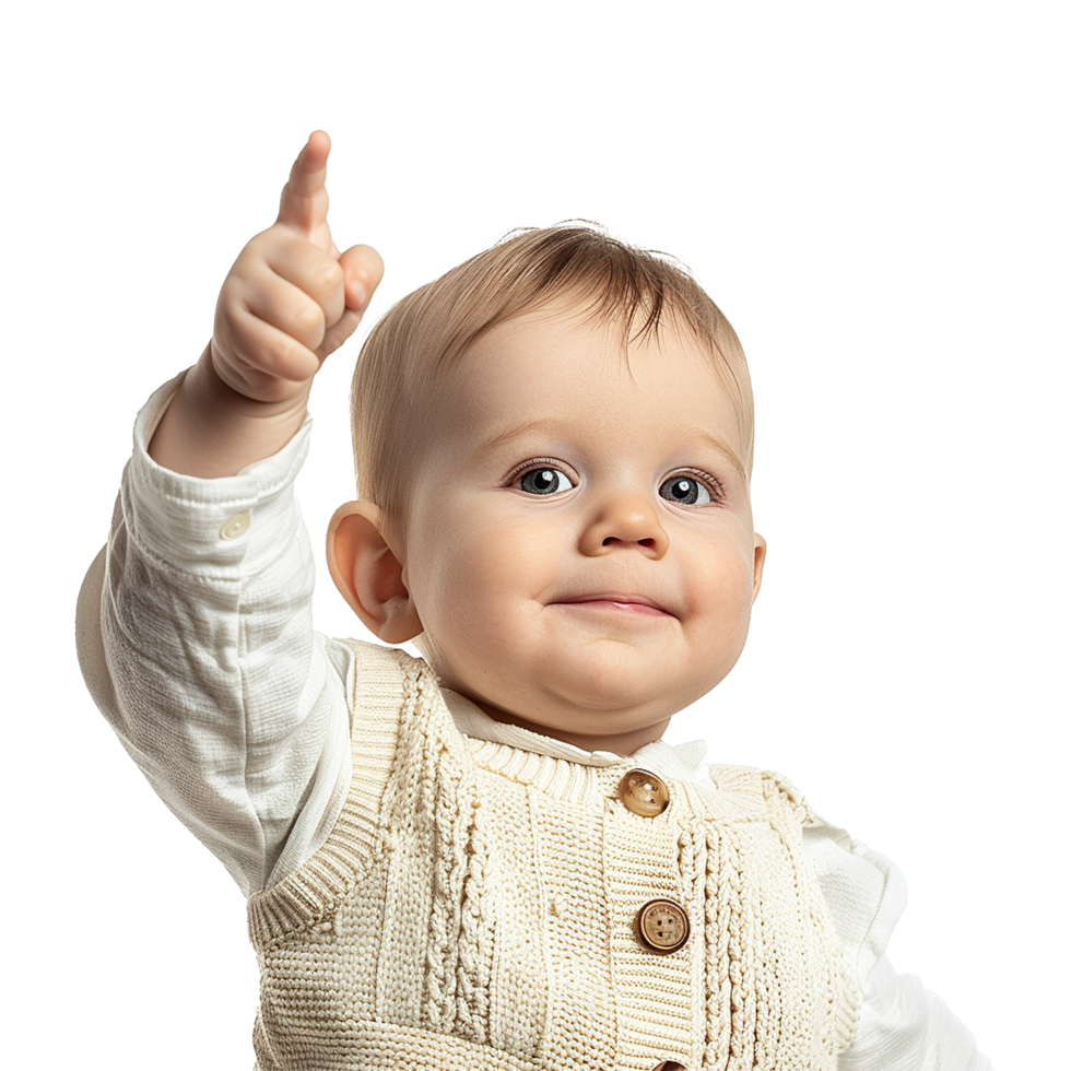 Adorable Baby Boy Pointing Upwards in Cream Knit Vest and White Shirt png