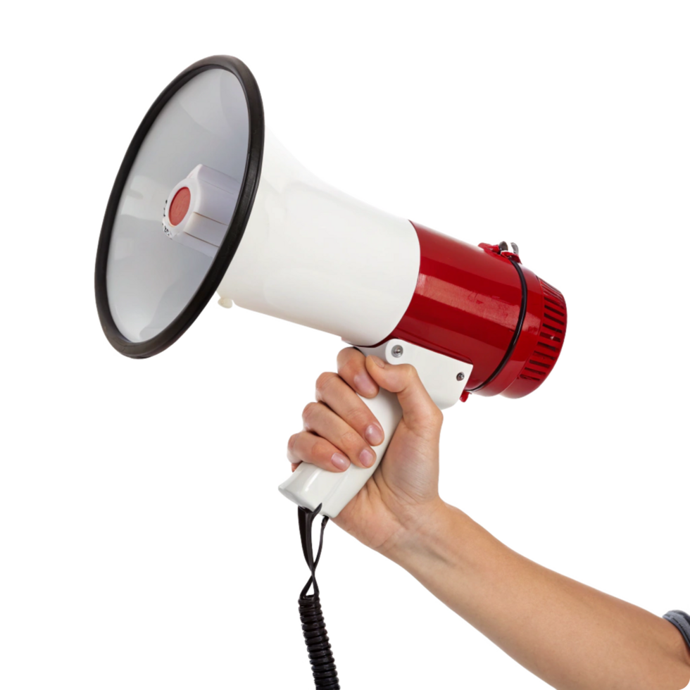 Hand holding a red megaphone making an announcement png