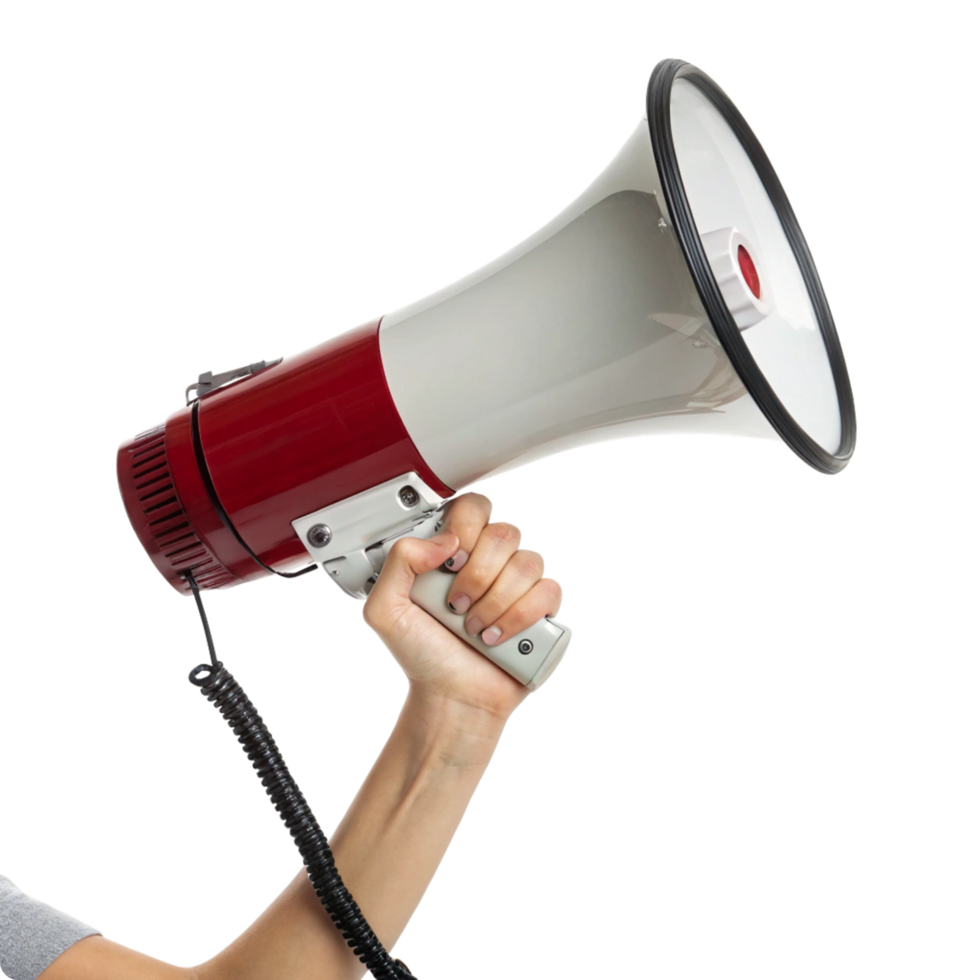 Hand holding a red and white megaphone for making an announcement png